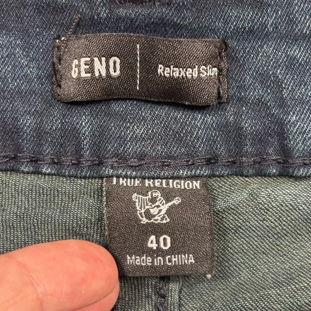 True Religion Jeans Geno‎ Relaxed Slim Mens 40x28 Dark Wash Big T Flap Pocket